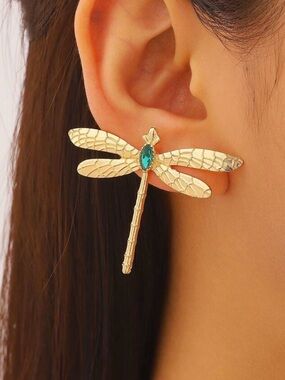 Gold Unique Dragonfly Drop Textured Boho Earring with Teal Crystal CZ